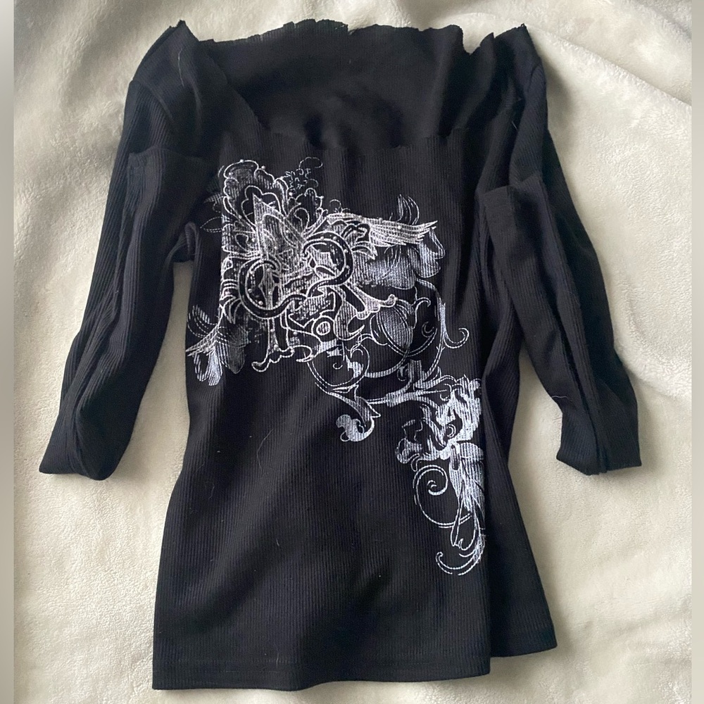Black Off-Shoulder Top with White Floral Design